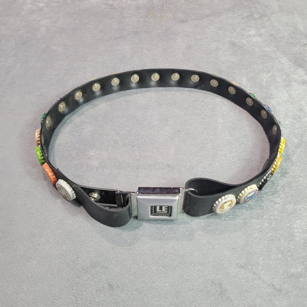 Little Earth Bottle Cap Belt Womens Medium Black Rubber Seatbelt Buckle Y2K Punk